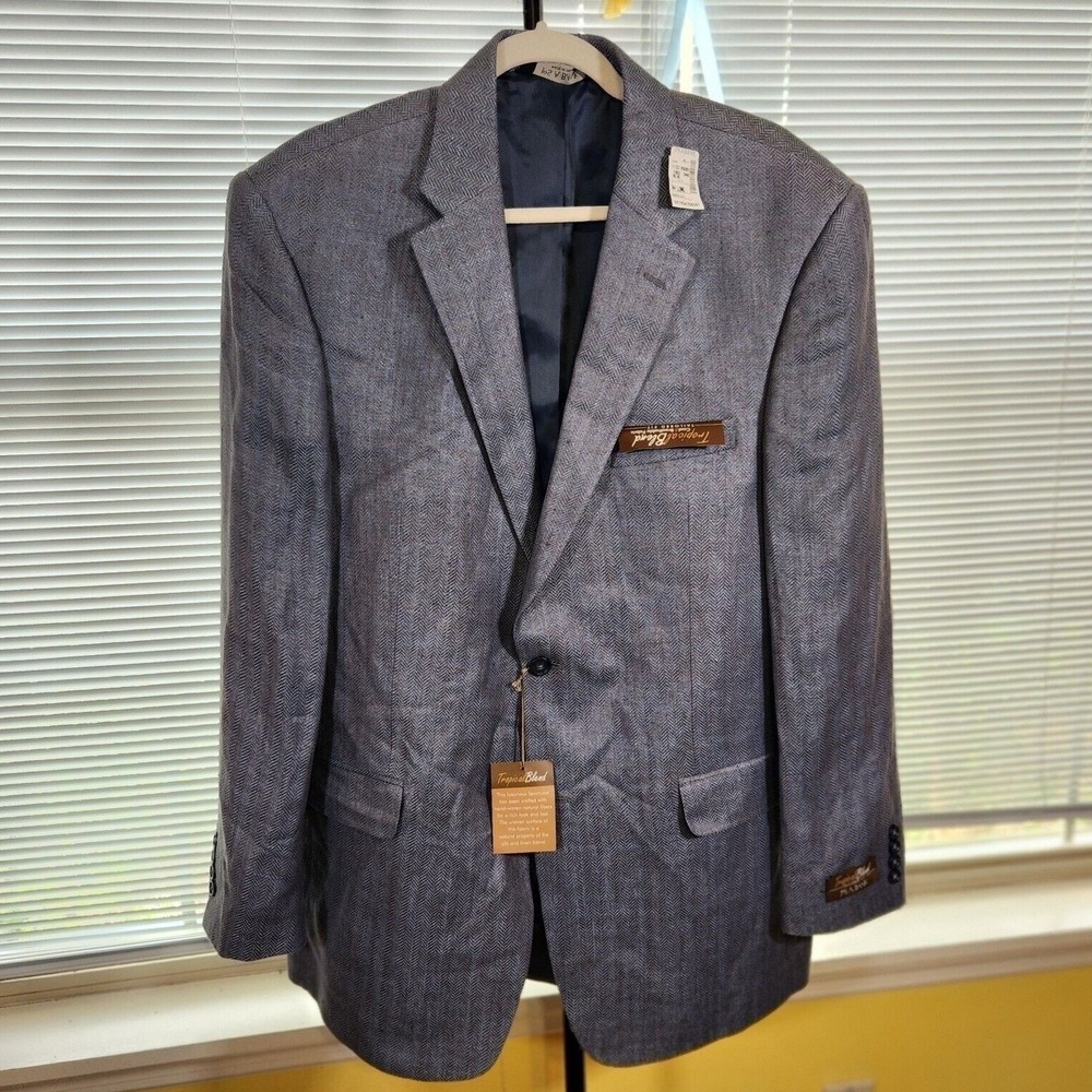 NEW Jos A Bank 44 Long $495 Navy Herringbone Linen‎ Silk Tropical Blend Blazer